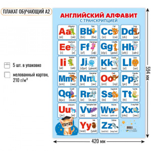 ПЛАКАТ ОБУЧАЮЩИЙ А2 "АНГЛИЙСКИЙ АЛФАВИТ С ТРАНСКРИПЦИЕЙ" 